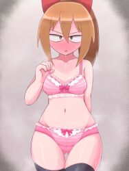 1girls belly_button blush bow bra collarbone female_focus hiiro_sp lingerie navel open_mouth orange_eyes orange_hair original original_character panties pink_bra pink_panties ponytail ribbon solo solo_focus steam sweat thighhighs thighs