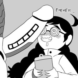 black_hair clipboard dialogue glasses imminent_sex labcoat monochrome noxshade original_character penis robot shortstack tagme text twintails