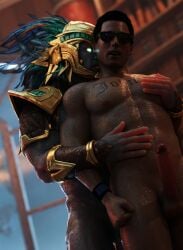 2boys abs glasses interspecies johnny_cage kotal_kahn male_focus male_only martistot mortal_kombat nude tattoo yaoi