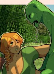 alex_(minecraft) big_breasts braid braided_hair cleavage creeper_(minecraft) cropped female green_eyes implied_sex large_breasts minecraft monster monster_fucker one_eye_closed orange_hair orange_hair_female outdoors red_hair screenshot_background