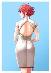 1girls ahoge alternate_costume ass ass_in_dress automatic_giraffe back back_view backboob backless_outfit bare_back big_ass blue_background breasts dress female female_only fire_emblem fire_emblem_fates from_behind hinoka_(fire_emblem) looking_at_viewer looking_back medium_breasts nintendo red_eyes red_hair short_hair short_sleeves smile solo