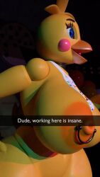 1girls 3d 9:16 alphasoup animated animatronic breasts camera_view casual casual_nudity english_text female female_only five_nights_at_freddy's gigantic_breasts huge_ass huge_breasts huge_toy_chica nipple_piercing nipples no_sound nude piercing piercings pov public public_nudity robot robot_girl shorter_than_30_seconds snapchat solo tagme thick_thighs toy_chica_(fnaf) vertical_video video