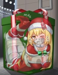 arms_tied_behind_back asphyxiation blonde_hair bondage bound_ankles bound_legs christmas christmas_outfit gag gagged in_box one_eye_closed orange_eyes over_the_nose_gag santa_hat shokuhou_misaki suffocation tape_gag thalter39o to_aru_kagaku_no_railgun to_aru_majutsu_no_index x-ray