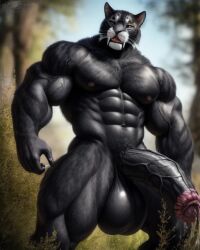 1boy ai_generated anthro felid feline feline_genitalia feline_humanoid feline_penis huge_balls huge_cock muscles muscular muscular_anthro sabertooth