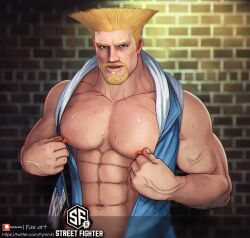 2d 2d_(artwork) 2d_artwork abs american blonde_hair blue_eyes capcom first_post_of_artist guile light-skinned_male light_skin looking_at_viewer male male_focus male_only male_pov mr._ryu_(artist) muscles muscular muscular_male pecs pinching_nipples showing_chest street_fighter street_fighter_6