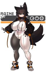 1girls big_breasts black_hair blue_eyes bodysuit ear_piercing eye_bags female female_only full_body jacket js4935 looking_at_viewer matoran_text_(bionicle) raine_(zanamaoria) shoes solo tail thick_thighs very_high_resolution wolf_ears wolf_girl wolf_tail