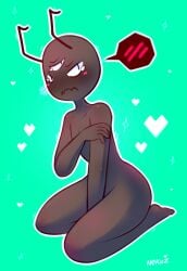 3_eyes alien ant antennae antennae_(anatomy) anthro blush covering_chest covering_crotch embarrassed embarrassed_nude_male heart male multi_eye nekuzx nude sitting tearing_up