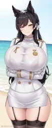 1girl ai_generated animal_ears arms_under_breasts atago_(azur_lane) azur_lane beach black_hair black_thighhighs blush breast_hold breasts brown_eyes buttons closed_mouth covered_nipples cowboy_shot crossed_arms day extra_ears garter_straps gloves hair_ribbon huge_breasts jacket long_hair long_sleeves looking_at_viewer military military_uniform miniskirt mole mole_under_eye ocean outdoors pencil_skirt ribbon sand see-through skindentation skirt sky smile solo swept_bangs thighhighs thighs twitter_username uniform white_gloves white_jacket white_ribbon yellow_eyes