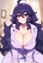 1girls ahoge ai_generated breasts_bigger_than_head dress game_freak hex_maniac huge_breasts long_hair pokemon purple_eyes purple_hair solo venus_body voluptuous voluptuous_female waving_at_viewer