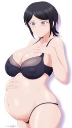 1girls big_breasts black_hair danganronpa embarrassed embarrassed_nude_female female female_only mukuro_ikusaba neolink077 pregnant purple_eyes short_hair smiling tagme tomboy touching_belly wedding_ring white_background