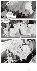 1boy 1girls absurd_res ahoge bishonen black_and_white blush bonesofbeskar cane clothed comic comic_page deep_tongue dialogue drool drool_string drooling english english_text eyes_rolling_back french_kiss french_kissing furina_(genshin_impact) genshin_impact gentle_maledom gloves heart heart_ahoge heterochromia highres holding_wrists horny_female kissing long_hair long_tongue neuvillette_(genshin_impact) open_eyes open_mouth pleasure_face pressing_against pretty_boy rubbing rubbing_pussy seductive_look shorts sitting speech_bubble thigh_strap tongue_in_mouth wet_pussy wet_shorts white_hair