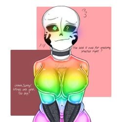 alternate_universe blush dialogue ectobody ectobreasts female female_focus female_only ink_sans ink_sans_(fan_character) inktale large_breasts naked naked_female nervous nervous_sweat rainbow rainbow_blush rainbow_body rule_63 sans sans_au skeleton solo_female sweat undertale_au