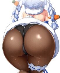 ass ass_focus big_ass big_butt black_leotard blue_hair braid butt butt_focus carrot_hair_ornament coat_dress dress female food-themed_hair_ornament from_behind hair_ornament highres hololive hololive_fantasy hololive_japan huge_ass leotard leotard_under_clothes long_hair multicolored_hair pantyhose rabbit_girl sakanaya_(sakanaya952) solo strapless strapless_coat strapless_dress twin_braids twintails two-tone_hair usada_pekora usada_pekora_(1st_costume) virtual_youtuber white_hair