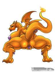 anthro anus back_view breasts charizard color female female_only fire ittoryu24 nintendo nipples nude orange_skin pokemon pokemon_(species) raised_tail solo squatting tagme tail tail_fire vulva