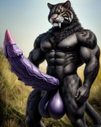 1boy ai_generated anthro felid feline feline_genitalia feline_humanoid feline_penis huge_balls huge_cock muscles muscular muscular_anthro sabertooth