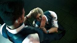 2boys black_hair blonde_hair blowjob dante devil_may_cry hand_on_head killystein leon_scott_kennedy male_focus male_only necktie office penis_against_face police_station resident_evil yaoi