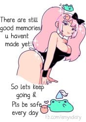 2020s 2024 ass_up big_ass black_eyes choker cleavage english_text frog hair_clips hairbow heart leotard light_skinned_female looking_at_viewer motivational pink_hair potato princess_hat solo sparkles sparkling_hair sweet_potato_(theshunbun) theshunbun thick_ass twintails white_background white_eyelashes wristband