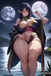 2moons ai_generated big_breasts blue_hair catchthemist elf elf_ears kimono lake night outside pornx.ai seductive thick_thighs