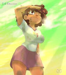 amphibia anne_boonchuy arms_up asian big_breasts brown_eyes brown_hair dark-skinned_female dark_skin dirty disney evil_raccoon huge_breasts massive_breasts musk school_uniform schoolgirl short_hair skirt sweat sweatdrop sweating thailand