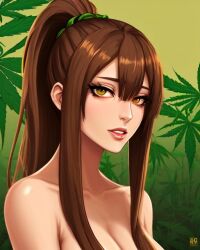 420 420_(number) ai_generated brown_eyes brown_hair looking_at_viewer marijuana original_character ponytail weed