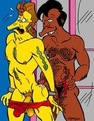 2boys apu_nahasapeemapetilon balls ballsack black_hair body_hair brown_hair clothes cmnm color cum_on_ass dangling_testicles dark-skinned_male erect_nipples erection erection_under_clothes exposed_balls facial_hair gay hairy_male handcuffs holding_head human imminent_rape long_penis low_hanging_balls male male_nipples male_only male_pubic_hair mostly_nude_male nude_male penis penis_against_ass penis_on_ass penis_shaped_bulge scrotum shorts_down snake_jailbird standing tagme tattoo testicles the_simpsons torn_clothes torn_shorts undressing_another victor_hodge yaoi yellow_skin