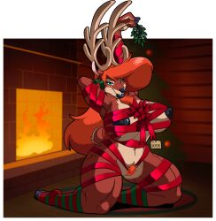 1girls alpha_channel anthro antlers big_breasts black_lips black_nose blue_eyes body_fur bow_ribbon breasts brown_body brown_fur carol_(lordstevie) clothing cloven_hooves deer female female_only freckles genitals gift_wrapped hands_behind_head hi_res holly_(plant) hooves huge_breasts kneeling legwear lips long_hair lordstevie mammal mistletoe new_world_deer nipples orange_hair pattern_clothing pattern_legwear pattern_stockings plant pubes pubic_hair pussy reindeer ribbons smile solo stockings striped_clothing striped_legwear striped_stockings stripes thick_bottom_lip toeless_legwear toeless_stockings vagina