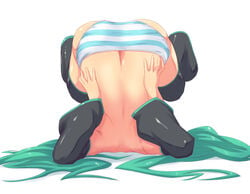 ass back black_legwear black_thighhighs butt_crack from_behind green_hair hatsune_miku iyamato long_hair panties solo striped_panties thighhighs underwear upside-down vocaloid wide_hips