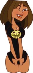 big_breasts brown_hair courtney_(tdi) covering_crotch curvy looking_at_viewer one_eye_closed pulling_down_shirt slut smile smiling smiling_at_viewer thick_thighs total_drama_(series) total_drama_island visible_nipples