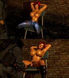 1boy 1girls 3d angry big_breasts boots captured chair chair_position dead_or_alive defeated erect_nipples femsub fingering forced_orgasm hands_behind_head highres interrogation jeans leather_boots mila_(doa) post_apocalyptic red_hair rubbing s.t.a.l.k.e.r. scelusnizer short_hair skinny_jeans slave submissive thick_thighs tomboy topless torture transparent_clothing voluptuous voluptuous_female wet wet_panties wet_pussy