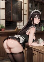 1girls ai_generated alex-schura artist_name ass bar bare_ass bent_over big_ass blush boruto:_naruto_next_generations bottomless bottomless_female brown_hair bubble_ass bubble_butt butt_crack cafe clothing dat_ass embarrassed female female_only headdress huge_ass hyuuga_hanabi indoors kitchen legs_together legwear light-skinned_female light_skin long_hair looking_away looking_to_the_side maid maid_headdress maid_outfit maid_uniform nai_diffusion naruto naruto_(series) no_panties no_panties_under_dress nose_blush revealing_clothes round_ass shiny shiny_hair shiny_skin sideboob skimpy skimpy_clothes small_clothes smooth_skin stable_diffusion standing stockings table thick_ass thick_thighs thighs very_long_hair violet_eyes watermark