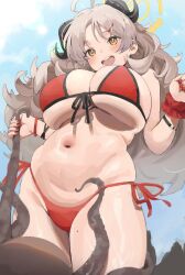 bikini blue_archive chubby drooling fighting fishing gehenna_academy_student gourmet_research_society_(blue_archive) huge_breasts hungry izumi_(blue_archive) mole_on_thigh nail_polish nekoshoko octopus painted_nails red_nails scrunchie star-shaped_pupils swimsuit thick_thighs wide_hips