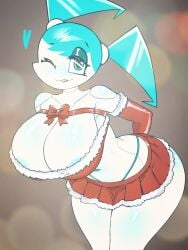 armwear ass big_breasts breasts breasts_bigger_than_head christmas cute elbow_gloves female_only jenny_wakeman large_breasts lonlon massive_ass my_life_as_a_teenage_robot robot robot_girl skirt smile smug thick_thighs thighs winking xj-9