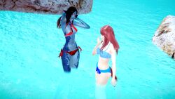 2girls 3d ahriva_feuerauge au_ra bikini black_hair black_scales cat_tail catgirl dark-skinned_female dark_blue_body dark_skin female female_only females final_fantasy final_fantasy_xiv gerümpelkatze group miqo'te multiple_girls red_hair riaykuras_playground scales sea self_upload swimwear xaela