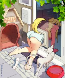 1girls 2022 all_fours animal_ears ass barefoot bella_(bojerryart) blonde_hair blue_eyes bojerryart dog_ears dog_girl dog_tail doggy_door fingerless_gloves gloves long_hair looking_at_viewer looking_back open_mouth original pawpads short_shorts shorts stuck stuck_in_door tagme tail thighs watermark