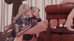 1boy 2girls 3d animated armor athletic_female black_gloves black_hair_ribbon blonde_hair collaborative_fellatio corrin_(fire_emblem) corrin_(fire_emblem)_(female) dress elise_(fire_emblem) fellatio ffm_threesome fire_emblem fire_emblem_fates fire_emblem_if hipminky human light-skinned_male long_hair male_pov multiple_fellatio multiple_girls nintendo nsfw_sonia_va oral partially_clothed pov purple_eyes red_eyes rubyredva sound teamwork threesome tied_hair tongue tongue_out_blowjob twintails video