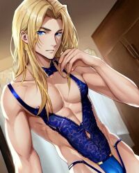 ai_generated blonde_hair blue_eyes lingerie long_hair male male_lingerie male_only original_character