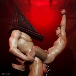 2boys anal chained chains dead_by_daylight gay killystein large_penis male_focus male_only monster monster_cock nude piers_nivans pyramid_head resident_evil restrained silent_hill size_difference stomach_bulge wince yaoi