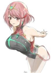 1girls armpits arms_behind_back ass bending_forward black_one-piece_swimsuit black_swimsuit breasts competition_swimsuit core_crystal earrings large_breasts looking_at_viewer mitsugu nintendo one-piece_swimsuit pyra red_eyes red_hair short_hair swimsuit tiara xenoblade_(series) xenoblade_chronicles_2