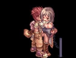 1boy 1girls alchemist alchemist_(ragnarok_online) animated artist_request brown_hair captured captured_heroine female novice novice_(ragnarok_online) pixel_art ragnarok_online red_eyes restrained vaginal_penetration