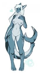 2015 4_toes 5_fingers anthro blue_eyes breasts female fish hair heart kitsunewaffles-chan long_hair marine navel nipples nude plain_background pussy shark solo thick_thighs toes vera_(viswey) voluptuous white_background white_hair wide_hips