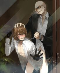 2boys against_glass age_difference anal atlus bent_over bishonen blush dubious_consent evil_grin father_and_son from_behind gay gloves goro_akechi hand_on_head incest male_only persona persona_5 questionable_consent size_difference skinny steam tie tinted_eyewear yaoi