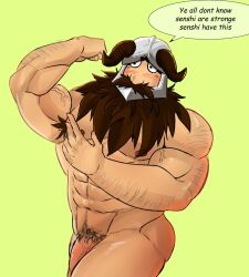 armpit_hair balls beard black_hair blush dungeon_meshi dwarf facial_hair flaccid flexing helmet male male_only masculine muscular nhstonk nude penis senshi_(dungeon_meshi) solo solo_male speech_bubble