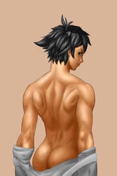 ass back black_hair brown_eyes capcom female female_only highres looking_back makoto_(street_fighter) muscle muscles muscular muscular_female short_hair solo straight_hair street_fighter street_fighter_iii street_fighter_iv super_street_fighter_iv tomboy undressing very_short_hair