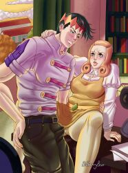 1boy1girl alternate_version_available belly_fat big_lips bilberrybear bulge bulge_through_clothing chubby chubby_belly chubby_female erection_under_clothes grabbing_waist green_eyes green_hair headband jojo&#039;s_bizarre_adventure kyoka_izumi light_brown_hair male/female pre_sex rohan_kishibe self_upload sitting_on_desk skinny_male straight thick_lips thus_spoke_kishibe_rohan