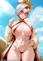 1female 1girl 1girls breasts clouds condom female female_focus female_only glasses hair_ornament hair_sticks hairbun large_breasts looking_at_viewer midriff navel nintendo one_piece_swimsuit outside purah purah_(tears_of_the_kingdom) red_eyes red_one-piece_swimsuit red_swimsuit ringsel sky slingshot_swimsuit solo solo_female solo_focus swimsuit tears_of_the_kingdom the_legend_of_zelda white_hair woman