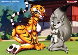 2girls anthro ass barefoot bbmbbf breasts butt corsac_fox dreamworks feet female female_only fox furry kung_fu_panda kung_fu_panda_4 looking_at_viewer master_tigress naked nipples nude open_mouth palcomix pussy tiger toes toon.wtf universal_studios vagina zhen zhen_(kung_fu_panda)