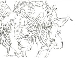 2001 2boys anthro antlers anus black_and_white buck bushycat cervid cervine duo equid equine erect_penis erection furry genitals hand_on_penis holding_penis male male_focus male_only nipples pegasus penis tail testicles traditional_art traditional_media traditional_media_(artwork) wings