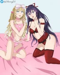 2girls blue_eyes crossover date_a_live date_a_live:_date_a_bullet doll_master doll_master_(date_a_bullet) in_bed lingerie purple_eyes purple_hair sheong_wong yatogami_tohka yellow_hair