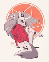 anthro ass black_nose clothing ear_piercing ear_ring edtropolis feet female female_only furry goth grey_body grey_fur grey_hair hair helluva_boss long_hair loona_(helluva_boss) piercing red_sclera ring_piercing sitting solo tail white_body white_eyes white_fur