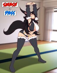 abs big_breasts black_hair black_hair_female bunny_ears bunny_girl cammy_stretch demon_girl dywtba-alt-universe female fox_girl fox_tail juko_arigato leggings monster_girl original_character pink_eyes seductive smash_or_pass_challenge succubus